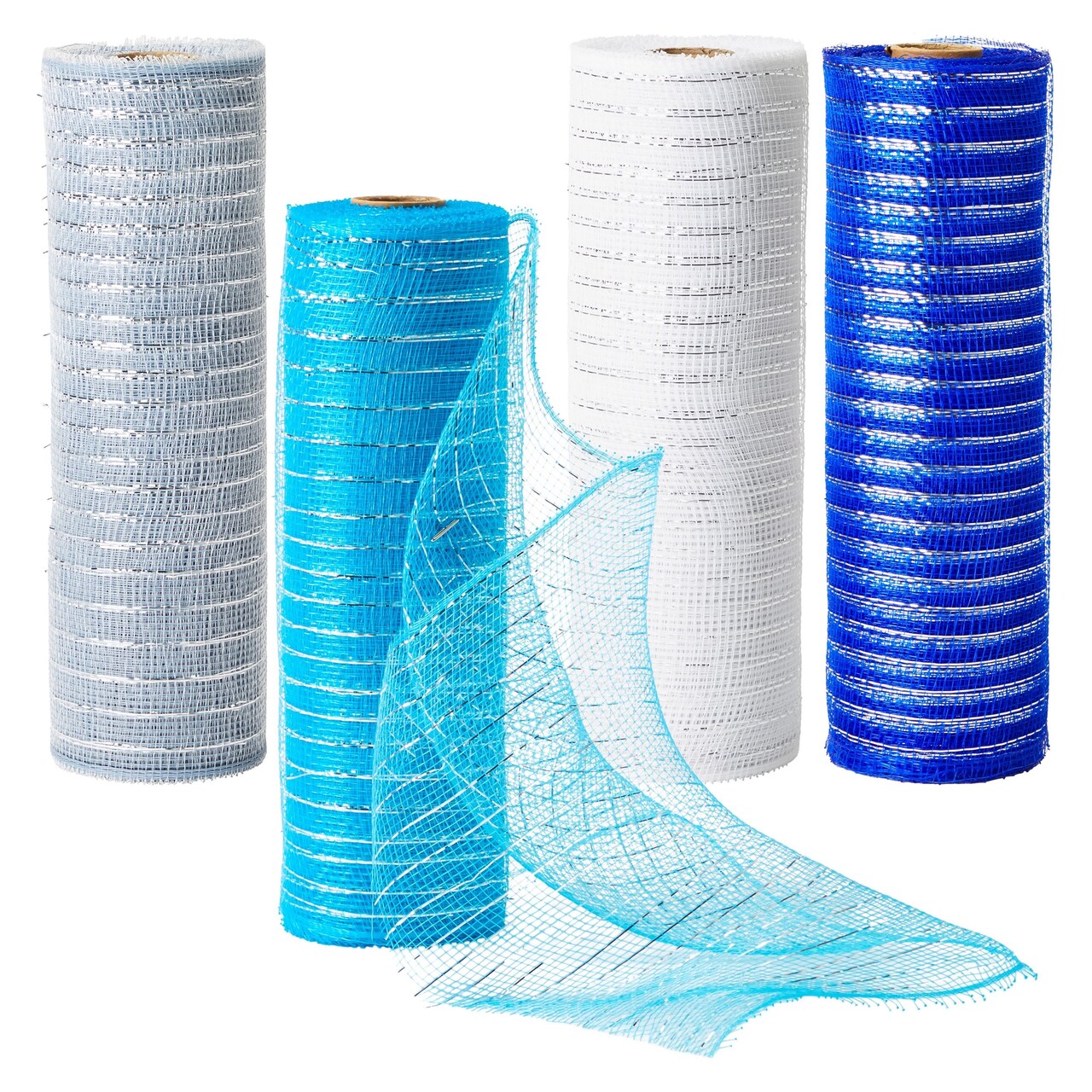 4 Pack 10 Inch Deco Mesh Ribbon Rolls for Easter Wreath, Craft Mesh,  Metallic Poly Burlap in Blue, Silver, White, and Royal Blue, 10 In x 30 Ft  (10 Yd)